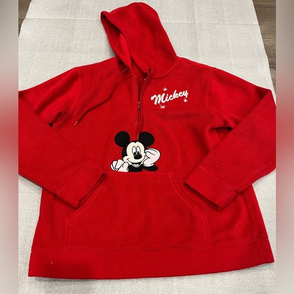 [M] DISNEY Fleeced Hoodie Mickey Mouse Pullover 1/4 Zip USA Cartoon Vintage Red - Picture 1 of 7